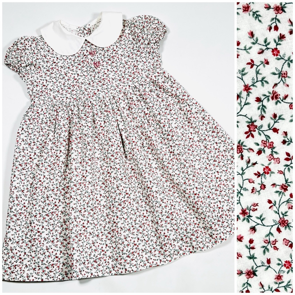Girls Custom Dress Cotton Size 6-7 White with Red Floral